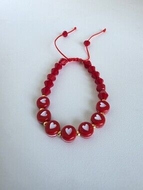 Red Heart Beaded Adjustable Bracelet Handmade Valentine's Gift Boho Love